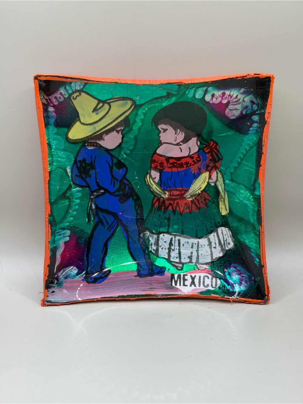 Source Unknown Mexican Folk Art Glass Dish Green and Orange 4x4 inches